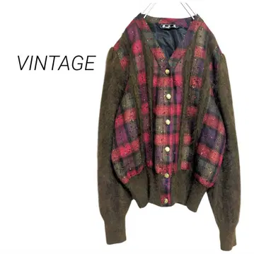 니트 가디건 절개 노카라 자켓 체크 골드 버튼 L 레트로