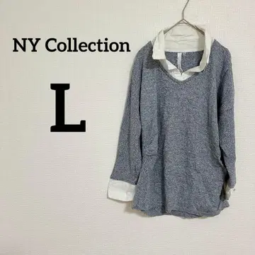 NY Collection [ L ] 그레이 긴팔 니트 셔츠 블루 상의