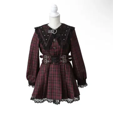 거미 레이스 각진 옷깃 벨트 레이스업 원피스 퍼플 체크 LL