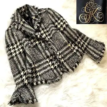 이타리야 트위드 체크 무늬 프린지 자켓