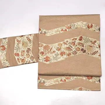 나고야 오비 극상 당직물 니시진 비단 베이지 보물 모음 중고 so211