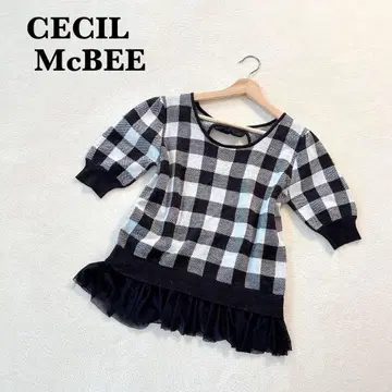 세실 맥비 체크 무늬 5부 소매 니트 M 블랙 화이트 프릴