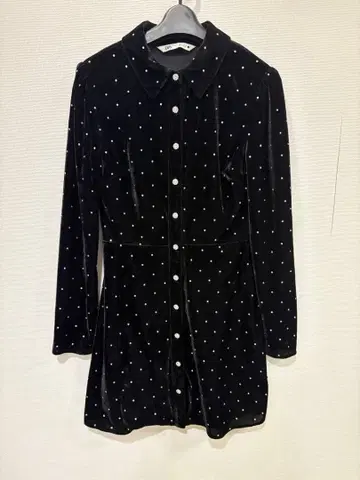 ZARA 블랙 벨로아 원피스 도트 무늬 카라 부착 S