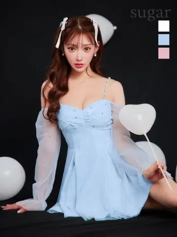 ROBE de FLEURS 오프숄더 미니 드레스 M 사이즈 스카이블루 S