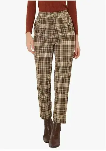 스트레이트 팬츠 허리밴딩 바지 타탄 체크 패턴 브라운