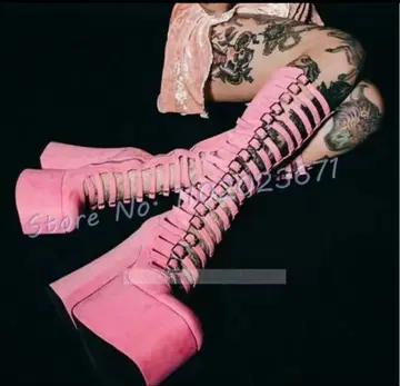 스웨이드 핑크 벨트 니하이 부츠