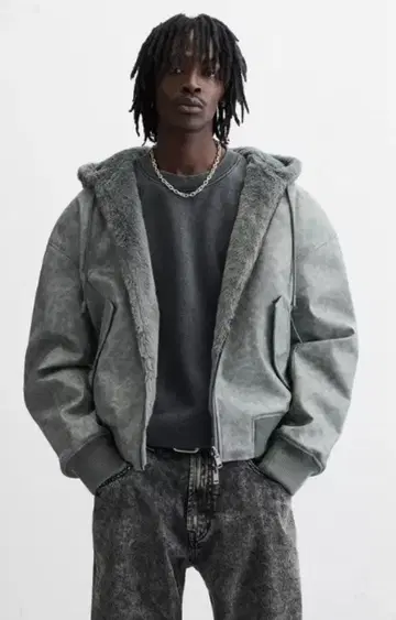 ZARA 플리스 안감 부착 후드 자켓 그레이