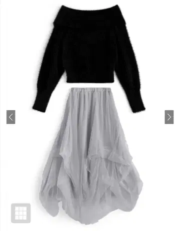 오프숄더 샤기 니트탑 x 튤 스커트 셋업