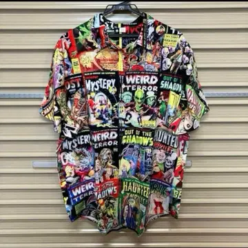 호러 코믹 표지 패턴 몬스터 사신 오바케 하와이안 셔츠 화려한 블랙