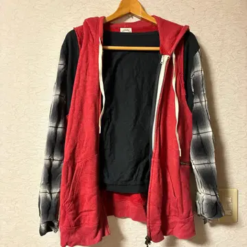 SUNSEA 후드 부착 데미지 후드티 레드/블랙