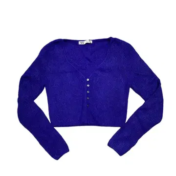 ZARA 털 복슬복슬 크롭 가디건 긴팔 니트 모헤어 군청색