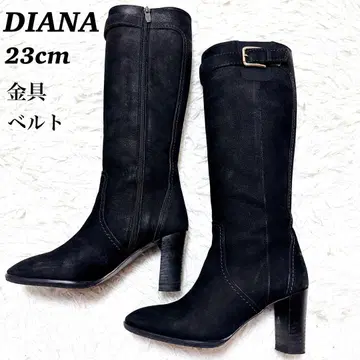 DIANA 블랙 롱 부츠 23cm 금장 장식 벨트 다이애나 스웨이드 가죽