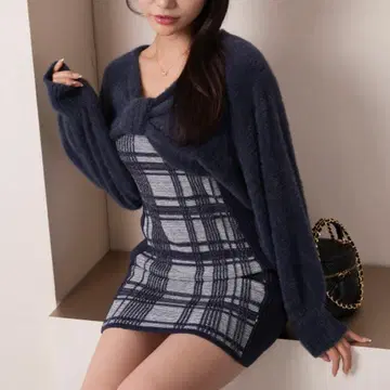 LIP SERVICE 리본 페더 앙상블 니트 원피스 네이비