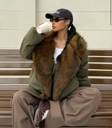 그린 퍼 칼라 여성용 다운 자켓