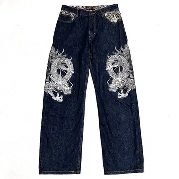 미야비유이 용 드래곤 일본풍 패턴 자수 와이드 레그 데님 팬츠