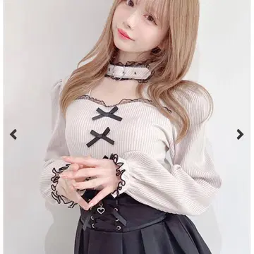 [ MA*RS ] 하트 벨트 부착 골지 상의 - PNK/블랙 size-F