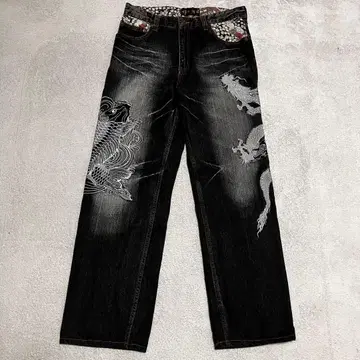 미야비유이 용 드래곤 잉어 자수 블랙 데님 팬츠 일본풍 패턴