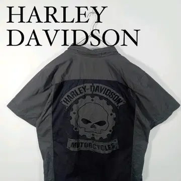 HARLEY DAVIDSON 그레이 스컬 로고 반팔 워크 셔츠 오픈 카라