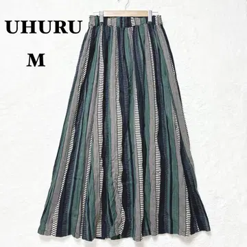 우후루 롱 스커트 플레어 M 스트라이프 패턴 허리밴딩 손세탁 그린