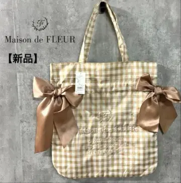 새상품 MaisondeFLEUR 깅엄 체크 더블 리본 토트백 자수 대용량