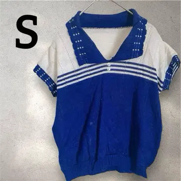 노브랜드 [ S ] 치어풍 니트 스웨터 보더 V넥 긴팔 파랑 화이트