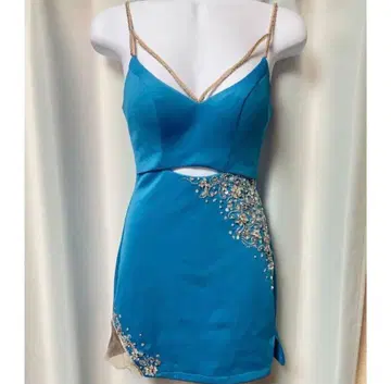 미니 기장 엔젤알 비즈 자수 파랑 컷 아웃 드레스