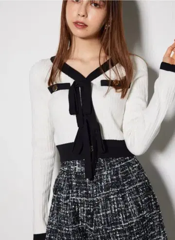 rienda 배색 리본 니트 가디건