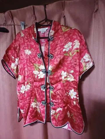 고품질 실크 100% 정품 차이나복 꽃무늬 차이나 셔츠 XL 빨간색