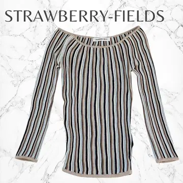 스트로베리 필드 스트라이프 오프숄더 멀티 컬러 7부 소매 니트