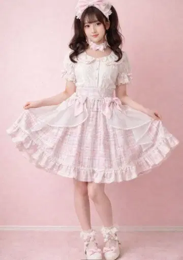 멜피 메모리 리본 포함 체크 무늬 프릴 스커트 양산형 퐁퐁 히메 스타일