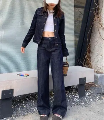 데님 재킷, 하이웨스트 와이드 레그 데님 팬츠 셋업 L