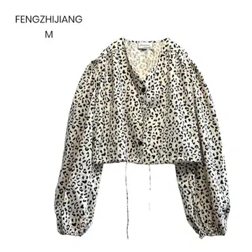 레오파드 레오파드 무늬 블라우스 크롭 볼륨 소매 M 한국1268