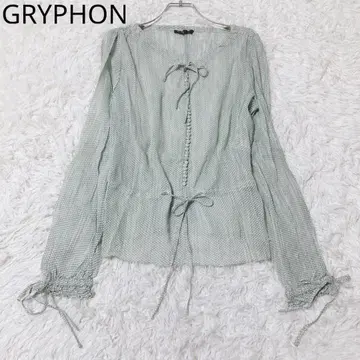 그리폰 블라우스 그린 XS 페플럼 리본 실크 100% 도트 무늬