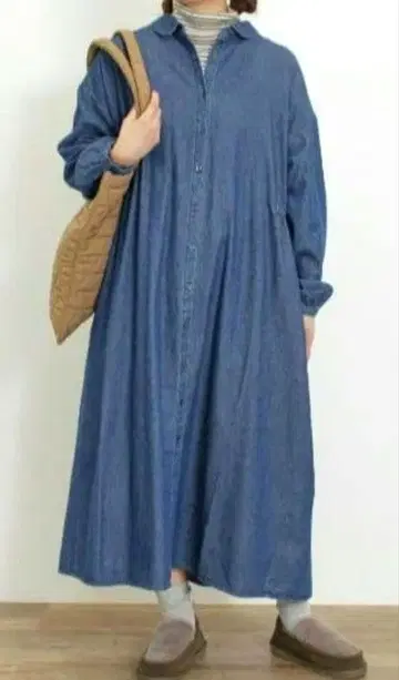 사만사 모스모스 데님 블루 긴팔 셔츠 원피스 백리본