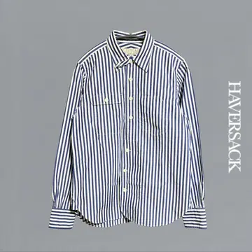 하버색 스트라이프 셔츠 S 블루 화이트 턱 스트랩 고양이 눈 버튼 일본제