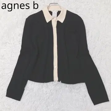 애니에스베 카디건 블랙 모 100% 카라 부착 프랑스제 바이컬러