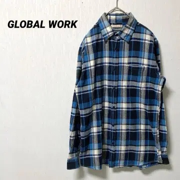 글로벌 워크 파랑 x 화이트 체크 무늬 긴팔 플란넬 셔츠 빅 XL