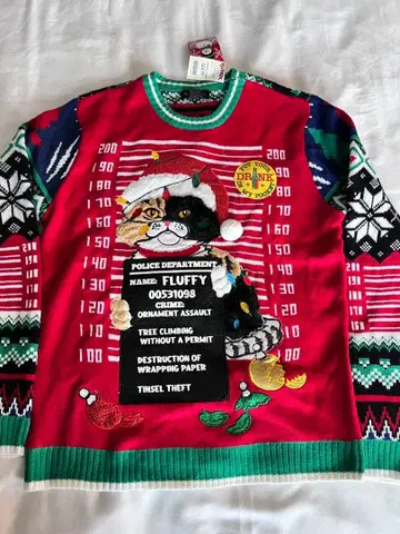 [택 포함 미사용] 크리스마스 고양이 자수 긴팔 니트 스웨터