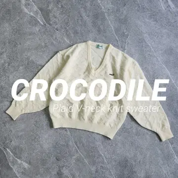 크로커다일 격자 편직 V넥 니트 베이지 울 캐주얼 M