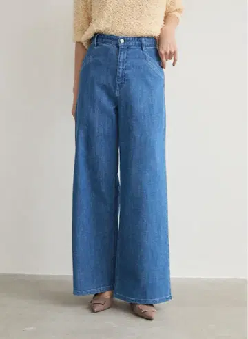 데님 블루 와이드 레그 팬츠 하이웨스트