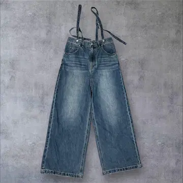 새상품급 BARNYARDSTORM 서스펜더 와이드 팬츠 블루 데님