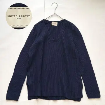 UNITED ARROWS 캐시미어 V넥 니트 네이비 울 혼방 리브