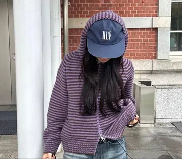 보더 니트 더블 지퍼 후드티