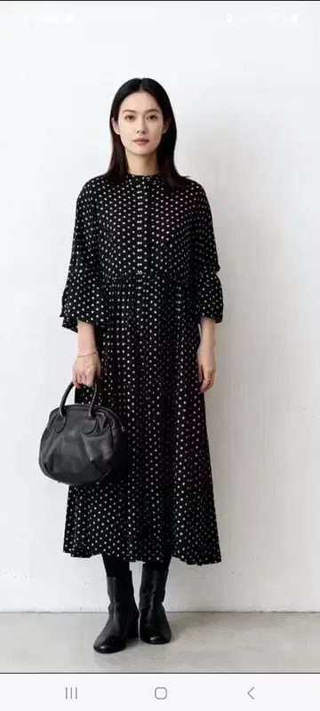 도트 개더 볼륨 소매 원피스