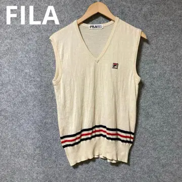 FILA V넥 니트 베스트 크림색