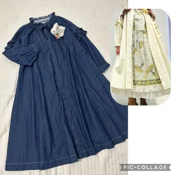 핑크하우스 긴팔 데님 원피스 턱 던가리 면 2024