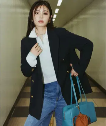 mila owen 금장 버튼 더블 브레스트 롱 블레이저