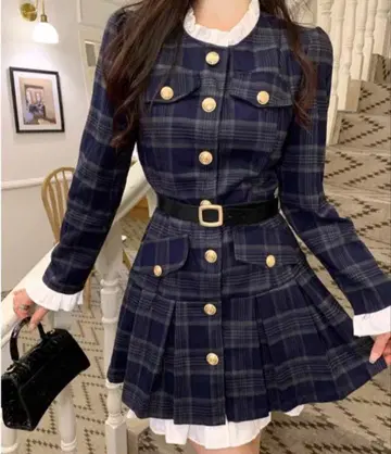 gossip 로스앤젤레스 Y2K 레트로 체크 무늬 미니 원피스 벨트 포함