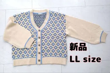 [ 새상품 ] LL 사이즈 다이아 무늬 V넥 니트 가디건 베이지 블루