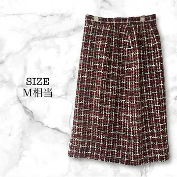 체크 무늬 트위드풍 롱 스커트 M 상당 빨간색 블랙 화이트 레트로 타이트
